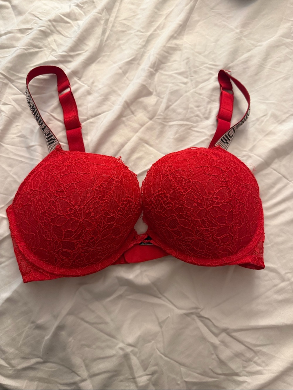 Victoria's Secret Red Lace Push-Up Bra with Rhinestone Strap